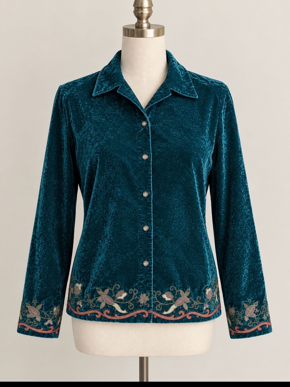 Vintage Coldwater Creek Teal Velvet Button-Down Shirt with Embroidered Hem